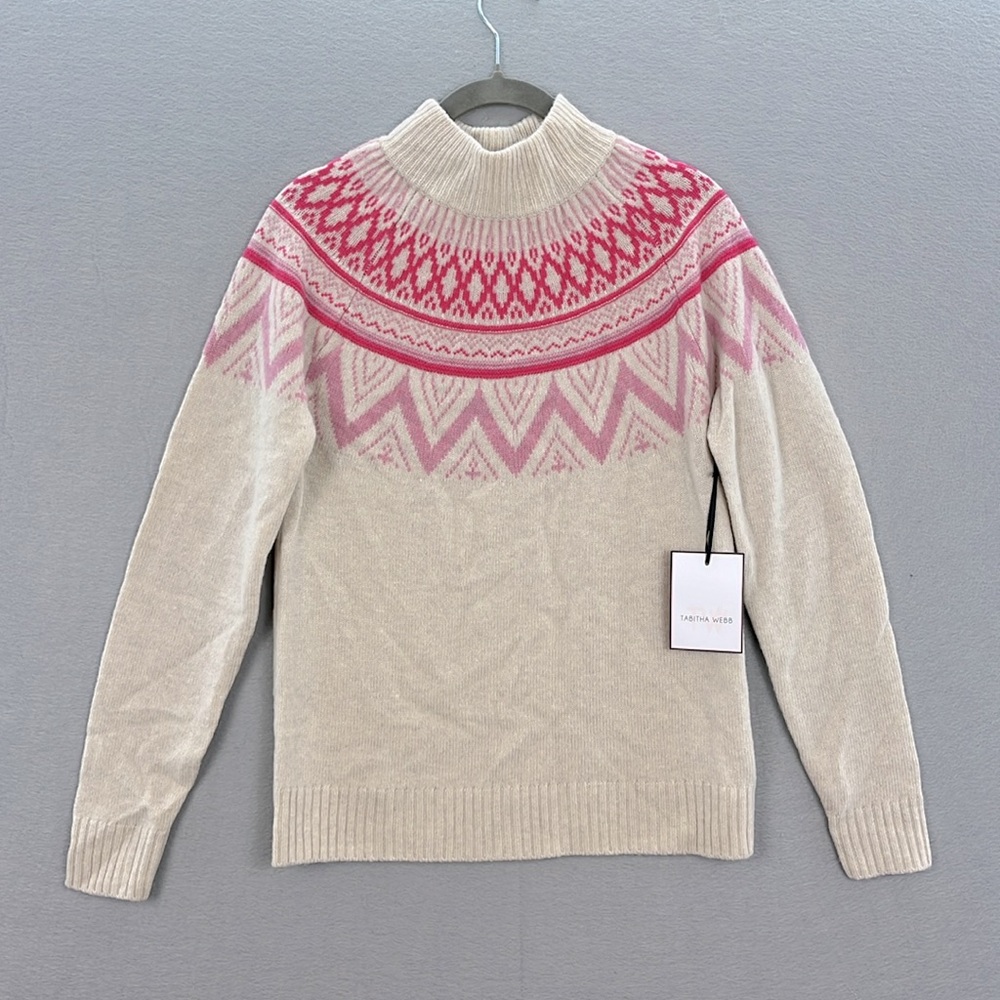 Tabitha Webb -NWT women’s Fairisle Lambswool blend crewneck Sweater cream/pink M - Picture 3 of 7